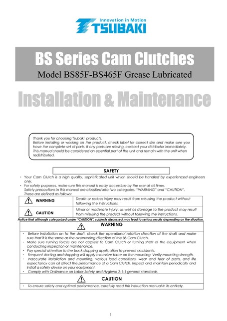 BS-F Series Cam Clutches Installations and Maintenance